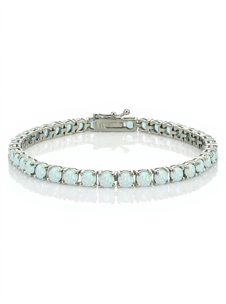 Sterling Silver Tennis Bracelet 4.3ct Created White Opal Round