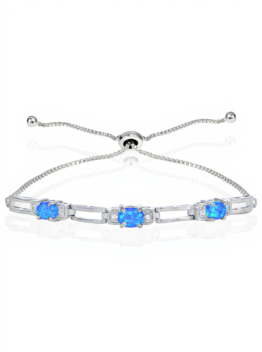 Sterling Silver Created Blue Opal & CZ Link Adjustable Bracelet