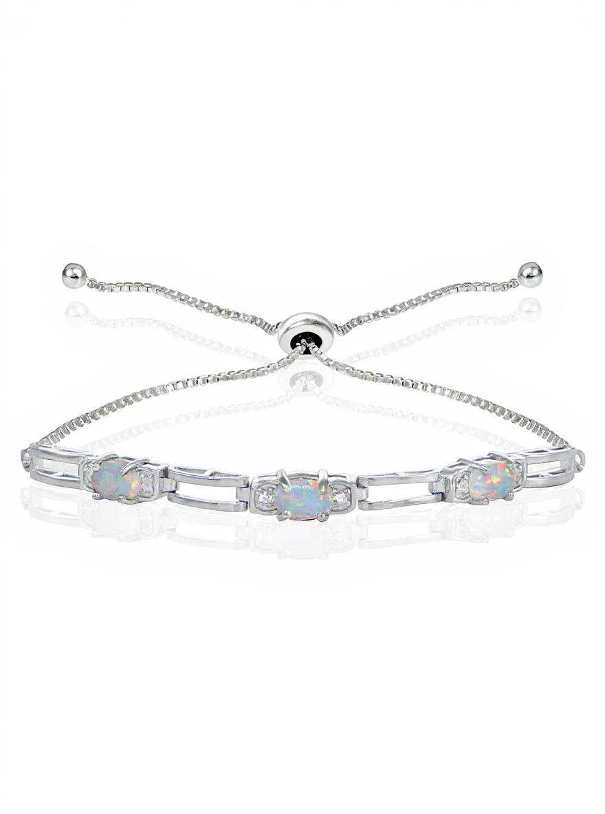 Sterling Silver Created White Opal & CZ Link Adjustable Bracelet