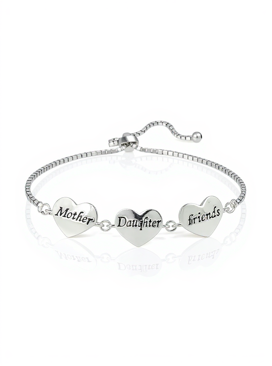 Sterling Silver MOM DAUGHTER FRIENDS Heart Adjustable Bolo Bracelet
