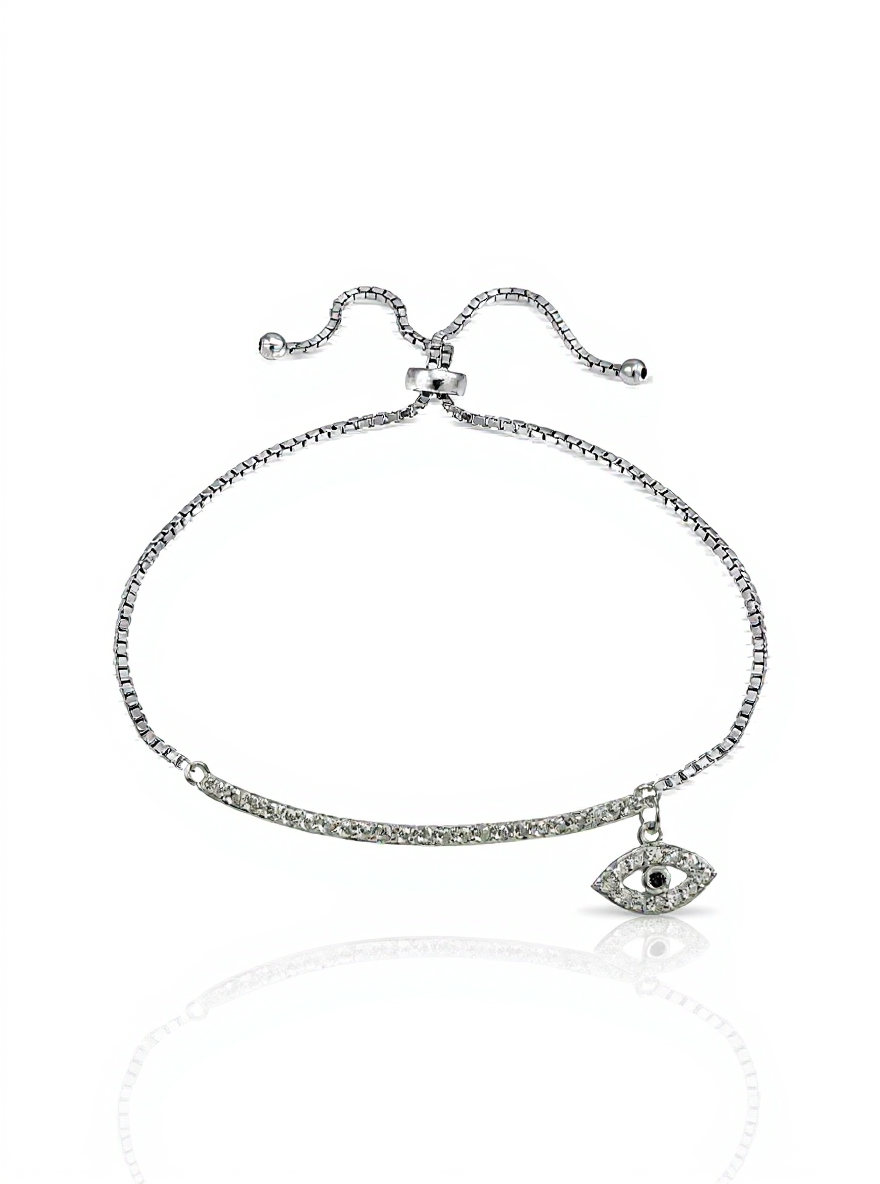 Sterling Silver Blue CZ Evil Eye Dangling Bar Adjustable Bracelet