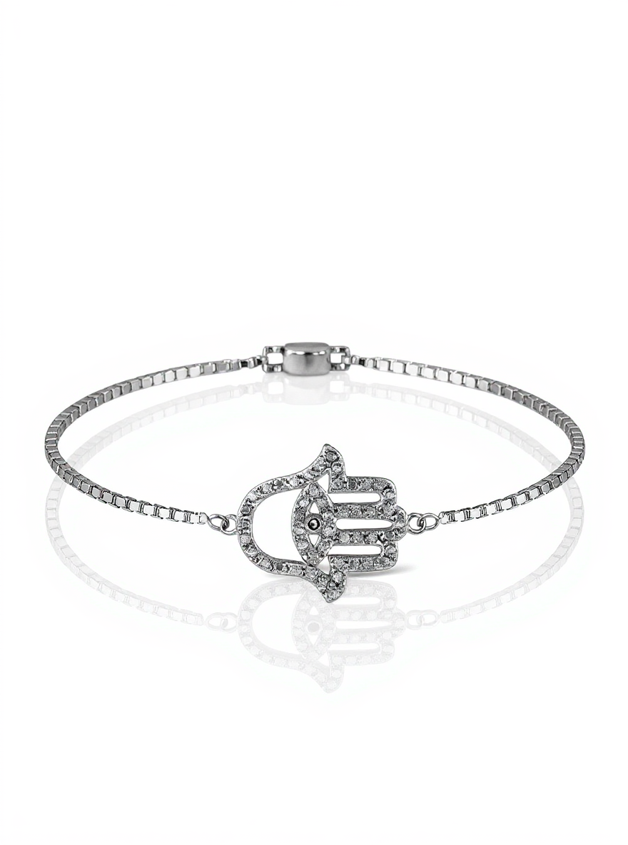 Sterling Silver Black CZ Hamsa Evil Eye Adjustable Slider Bracelet