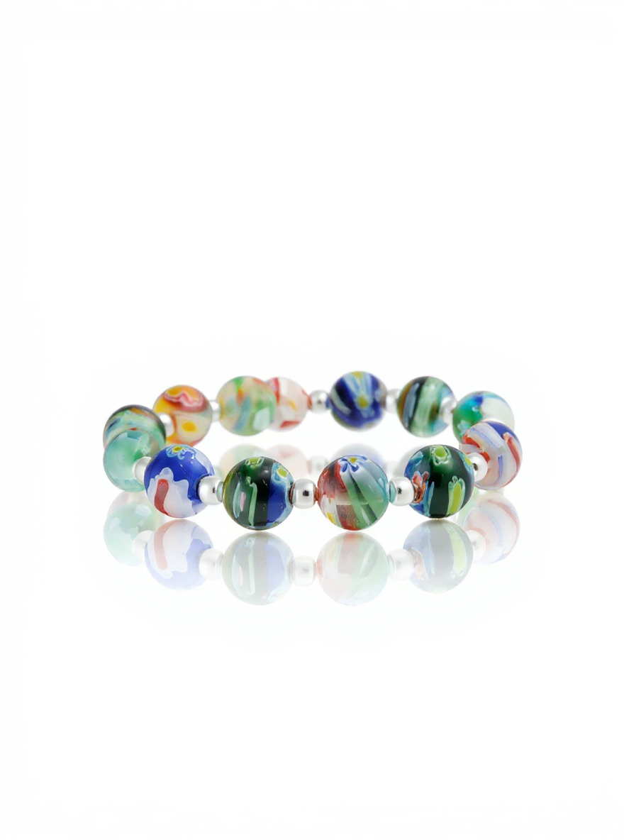 Sterling Silver Murano Glass Millefiori Flower Stretch Bracelet