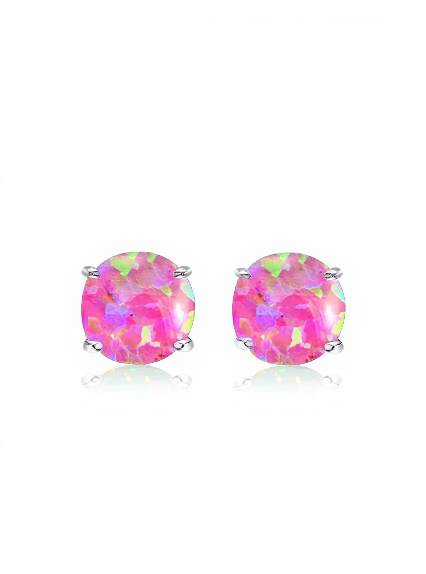 Sterling Silver Created Pink Opal 5mm Round Solitaire Stud Earrings