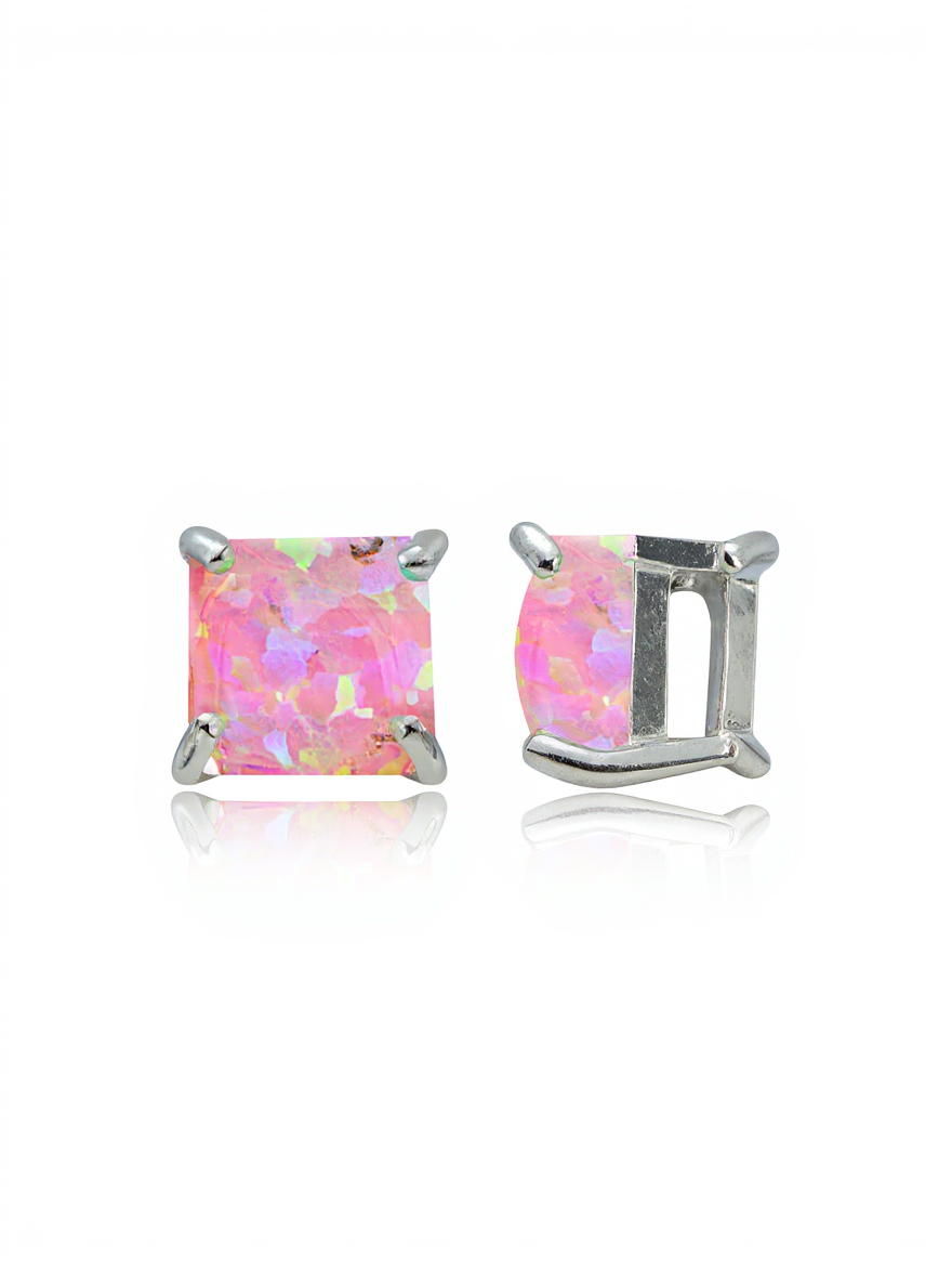 Sterling Silver Pink Opal 7mm Square Stud Earrings