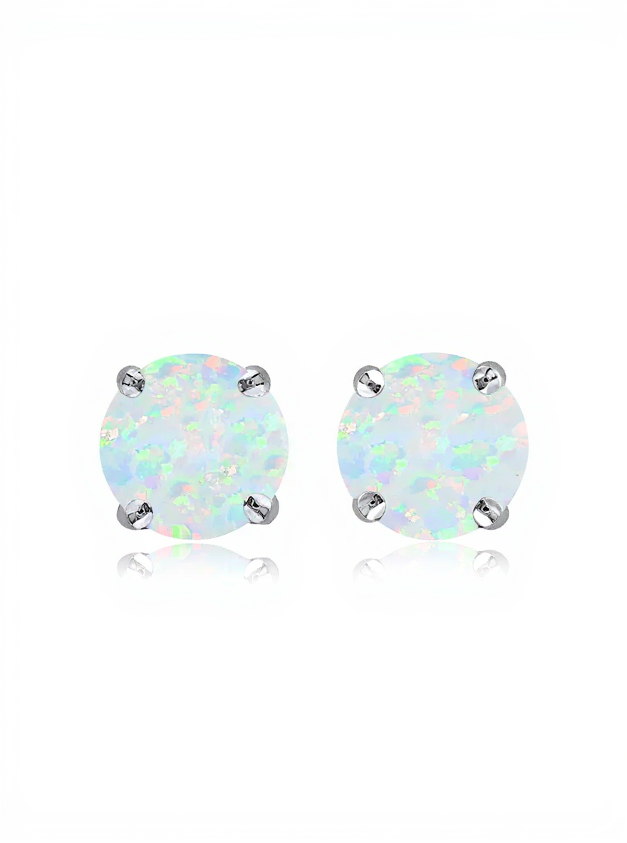 Sterling Silver Created White Opal 6mm Round Stud Earrings