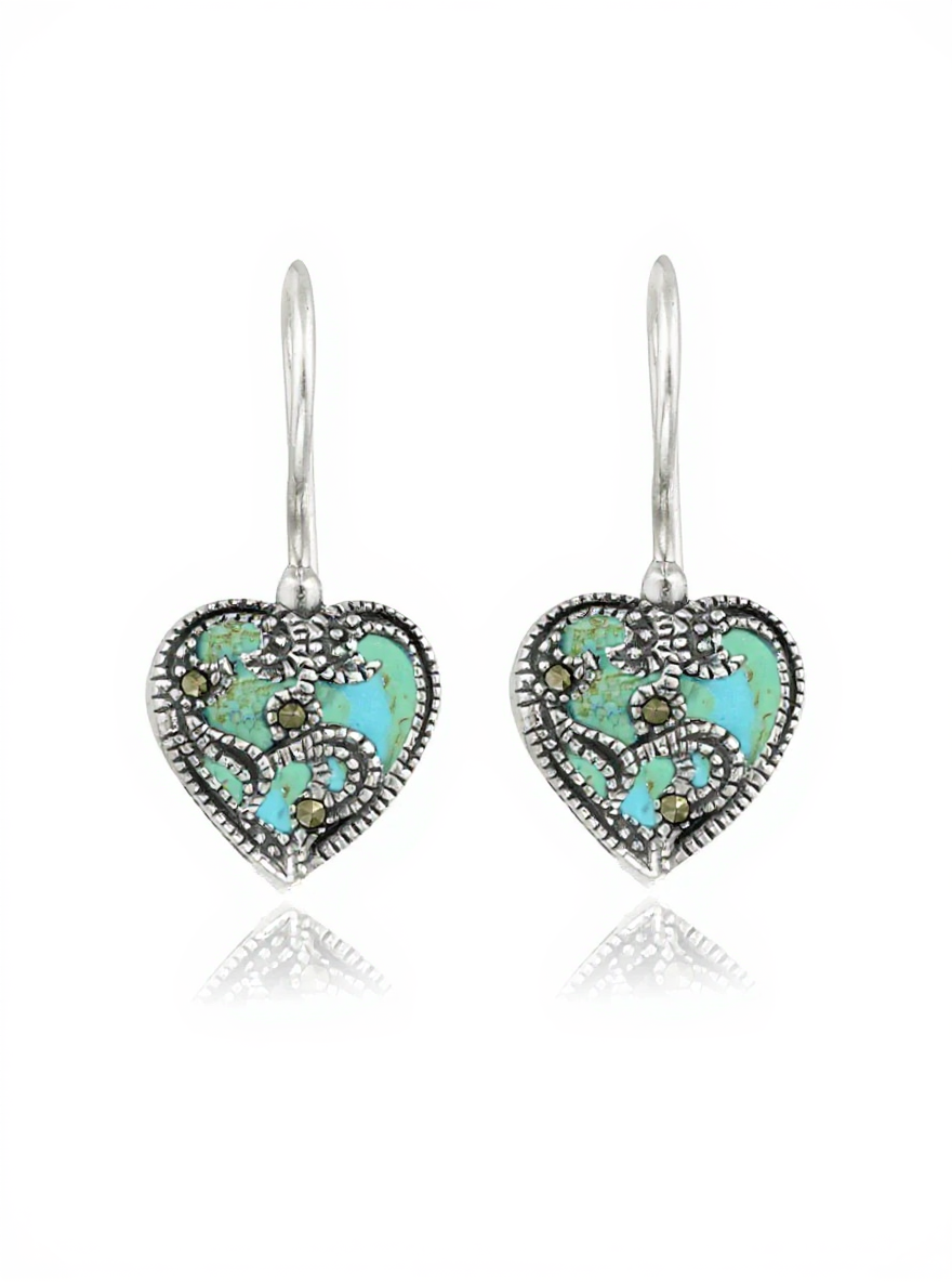 Sterling Silver Created Turquoise & Marcasite Heart Drop Earrings