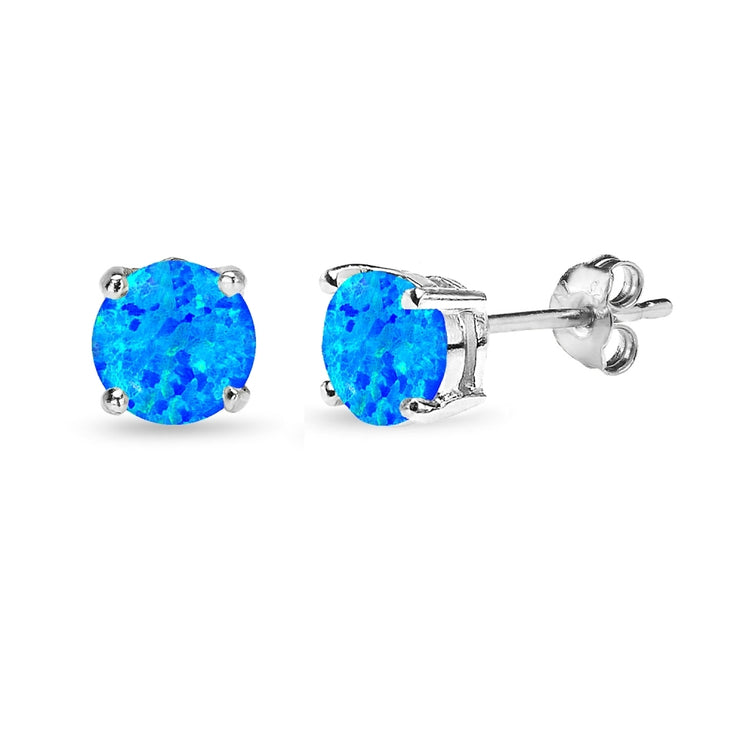 Sterling Silver  (1/2 cttw) Blue Opal 6mm Round Cut Prong Set Solitaire Stud Earrings