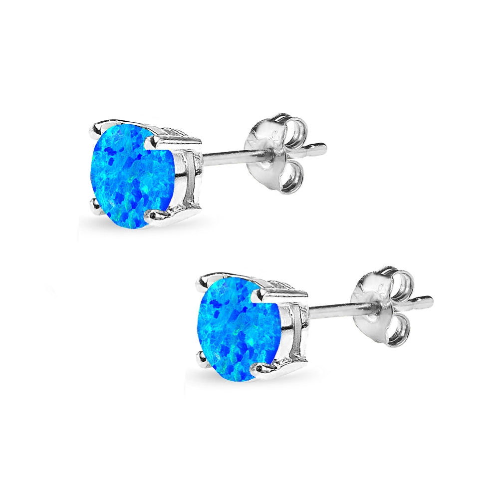 Sterling Silver  (1/2 cttw) Blue Opal 6mm Round Cut Prong Set Solitaire Stud Earrings-2