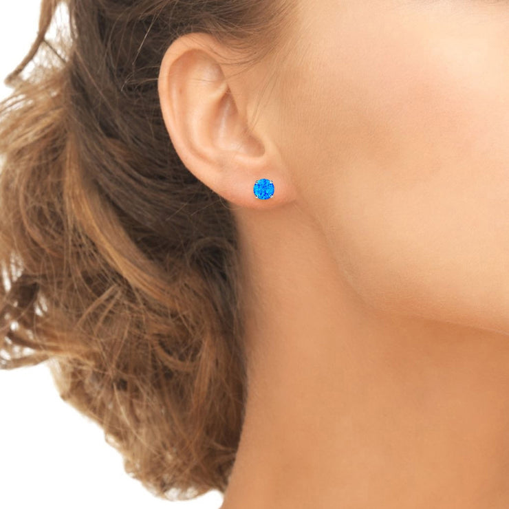 Sterling Silver  (1/2 cttw) Blue Opal 6mm Round Cut Prong Set Solitaire Stud Earrings
