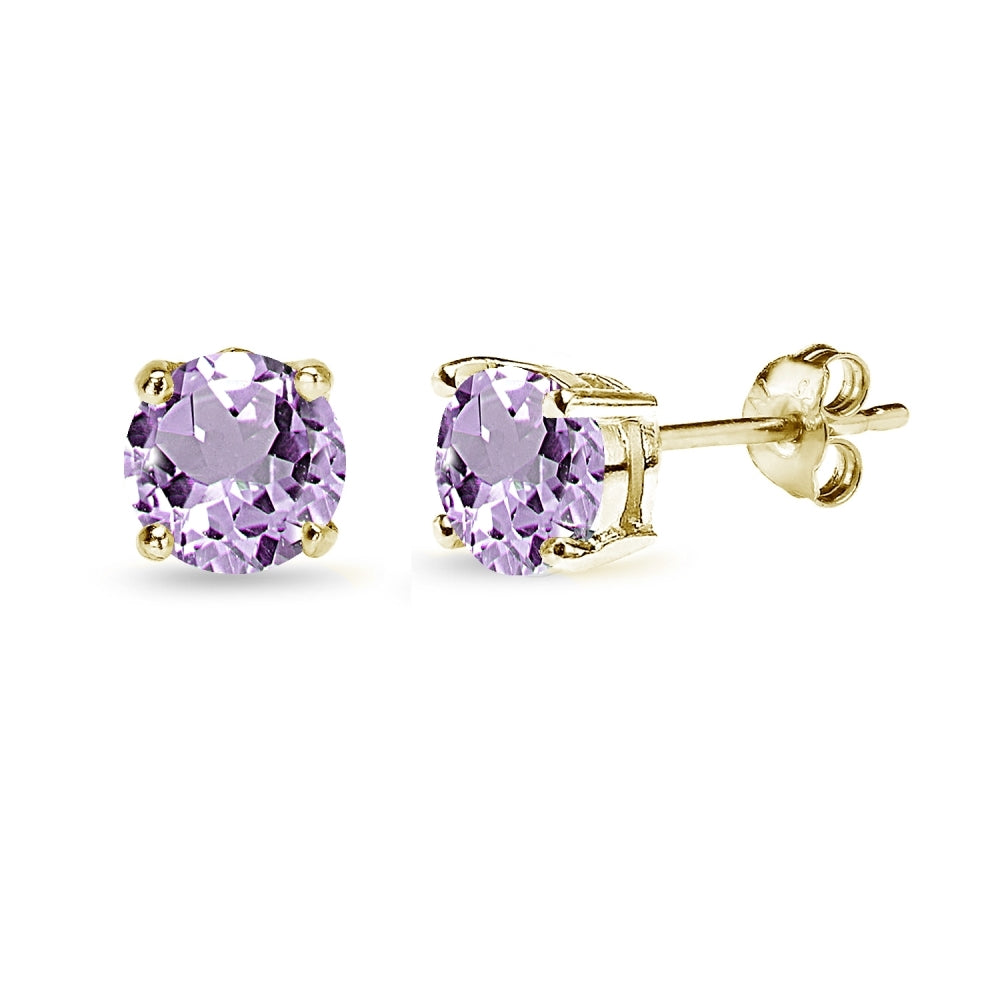 Yellow Gold Flashed Sterling Silver Amethyst 6mm Round-Cut Solitaire Stud Earrings-2