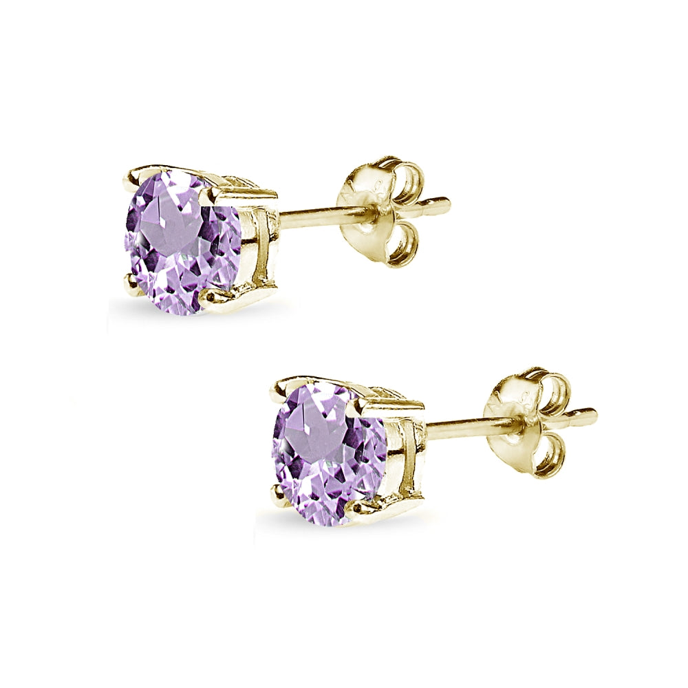 Yellow Gold Flashed Sterling Silver Amethyst 6mm Round-Cut Solitaire Stud Earrings-4