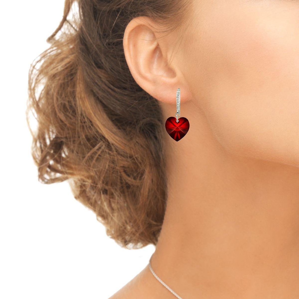 Sterling Silver Ruby Heart Dangle Earrings Created with European Crystals-2