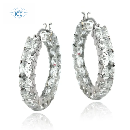 Crystal Ice Sterling Silver 12ct Asscher Cut CZ Hoop Earrings-3