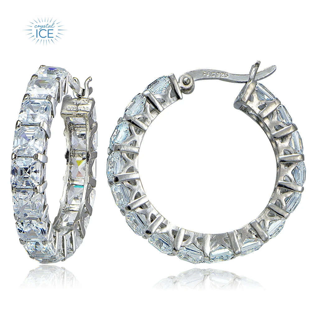 Crystal Ice Sterling Silver 12ct Asscher Cut CZ Hoop Earrings-2