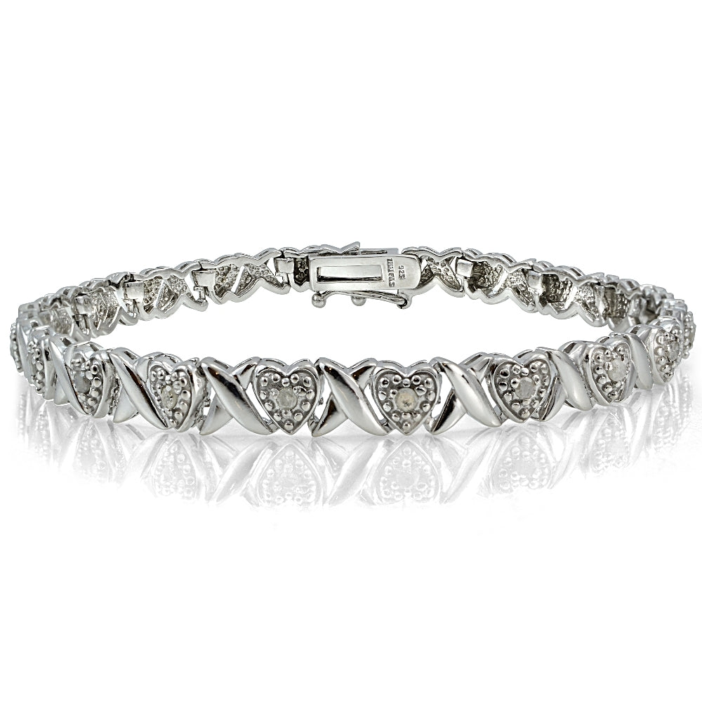 Sterling Silver 1/4 ct Diamond  X & Heart Bracelet