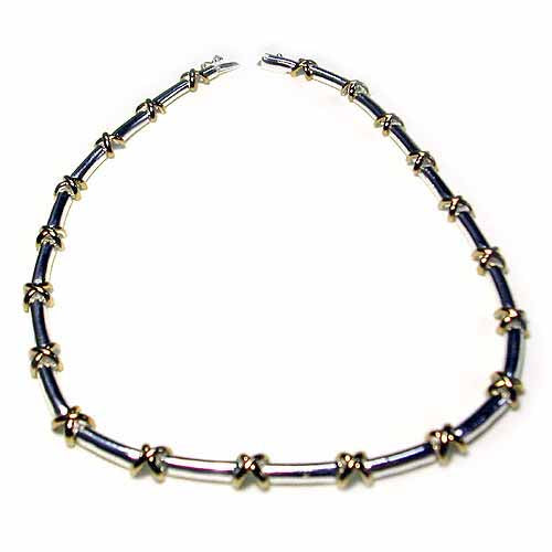 Sterling Silver Two Tone 'X' & Bar Link Necklace
