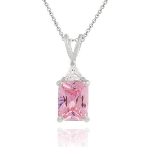 Sterling Silver 2.9ct Pink & Clear CZ Emerald-Cut Solitaire Pendant