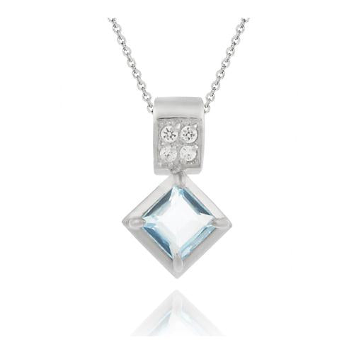Sterling Silver 2.15ct Blue Topaz & Pave CZ Princess Cut Pendant