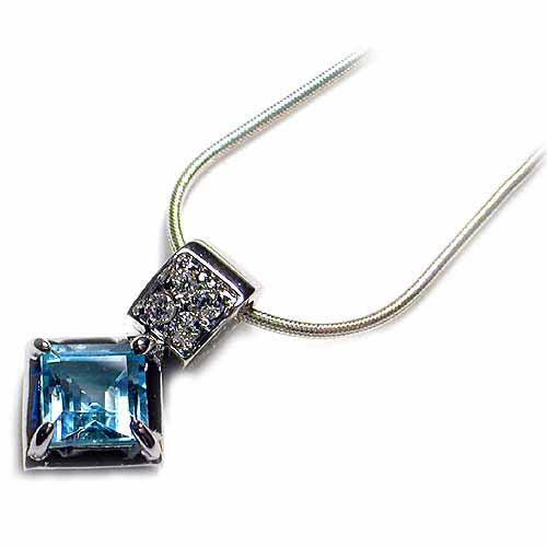 Sterling Silver 2.15ct Blue Topaz & Pave CZ Princess Cut Pendant-2