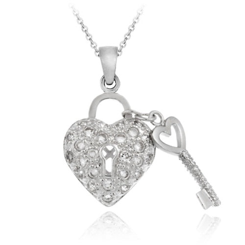 Sterling Silver Designer-Inspired Heart & Key CZ Necklace, 18"