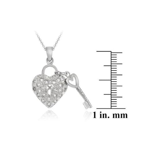Sterling Silver Designer-Inspired Heart & Key CZ Necklace, 18"-2