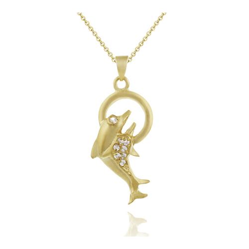 18K Gold over Sterling Silver CZ Double Jumping Dolphins Necklace