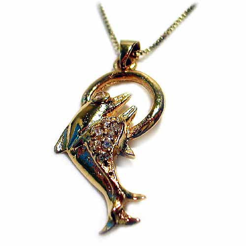 18K Gold over Sterling Silver CZ Double Jumping Dolphins Necklace-2