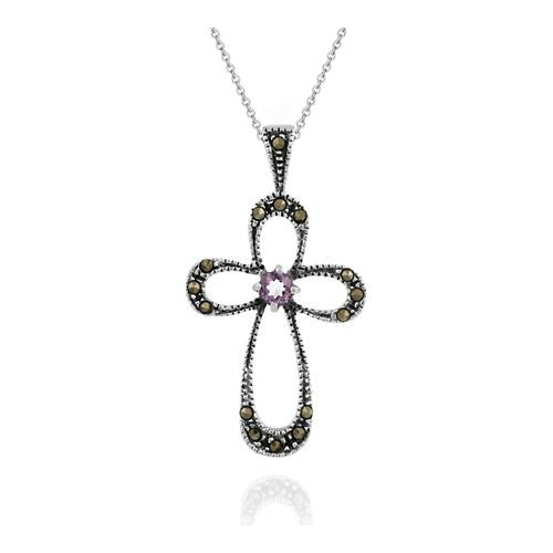 Sterling Silver Cross Genuine Amethyst / Marcasite Pendant
