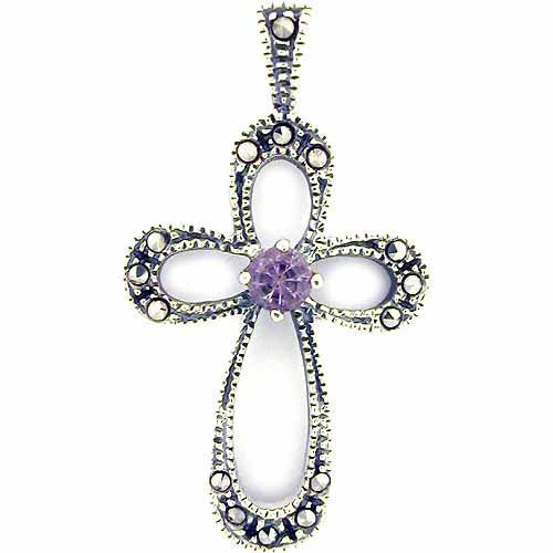 Sterling Silver Cross Genuine Amethyst / Marcasite Pendant-2