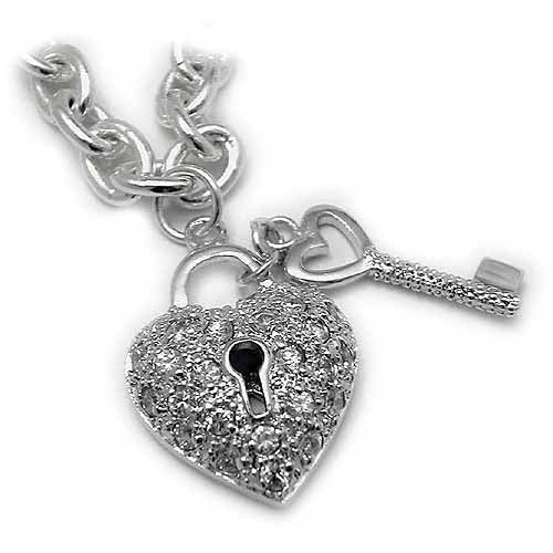 Sterling Silver CZ Lock & Key Heart Charm Bracelet-2