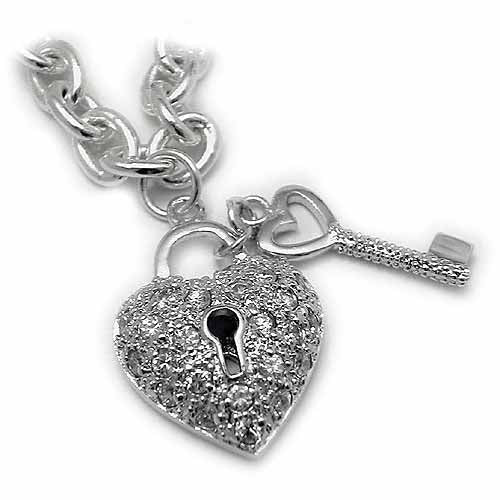 Sterling Silver CZ Lock & Key Heart Charm Bracelet