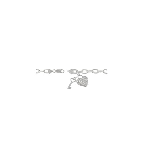 Sterling Silver CZ Lock & Key Heart Charm Bracelet-3