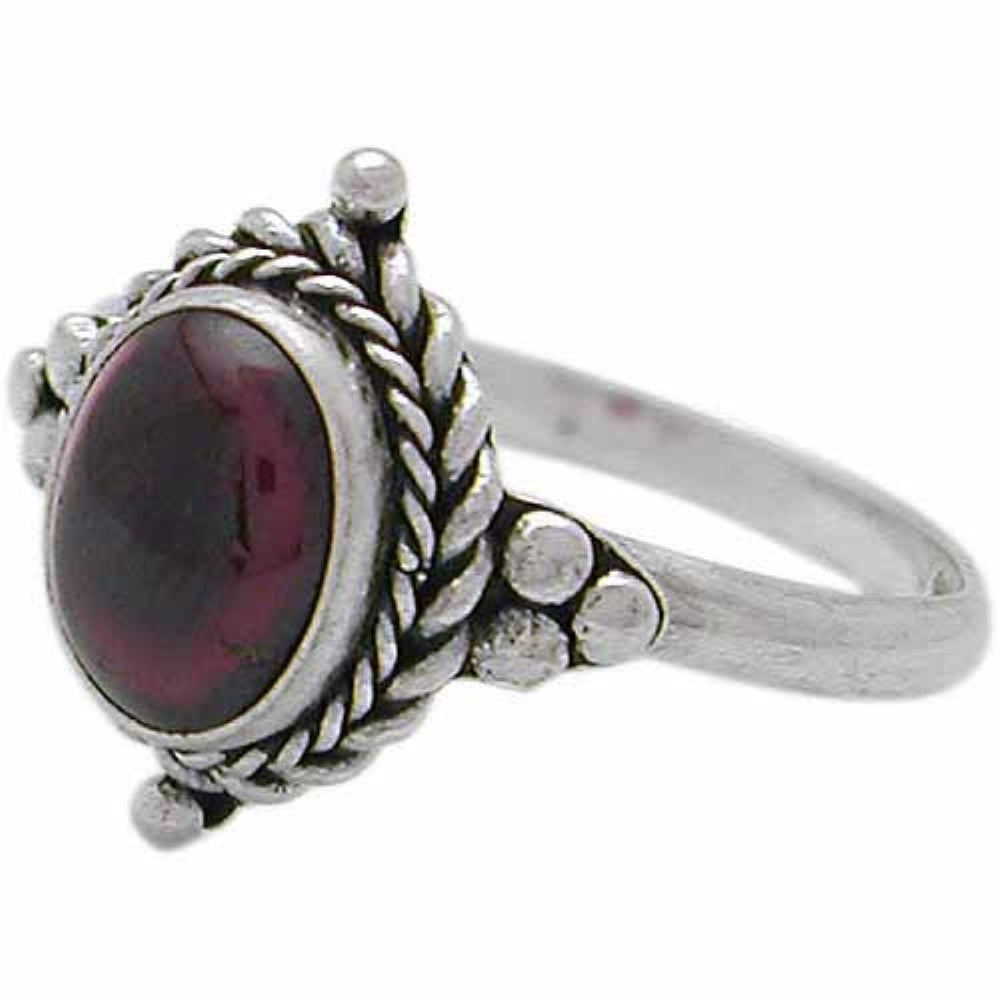 Sterling Silver Cabochon Garnet Oval Bali Twist Rope Ring,