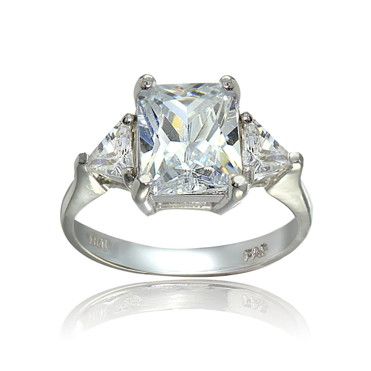 Sterling Silver Three Stone CZ Trillion Emerald-Cut Engagement Ring,