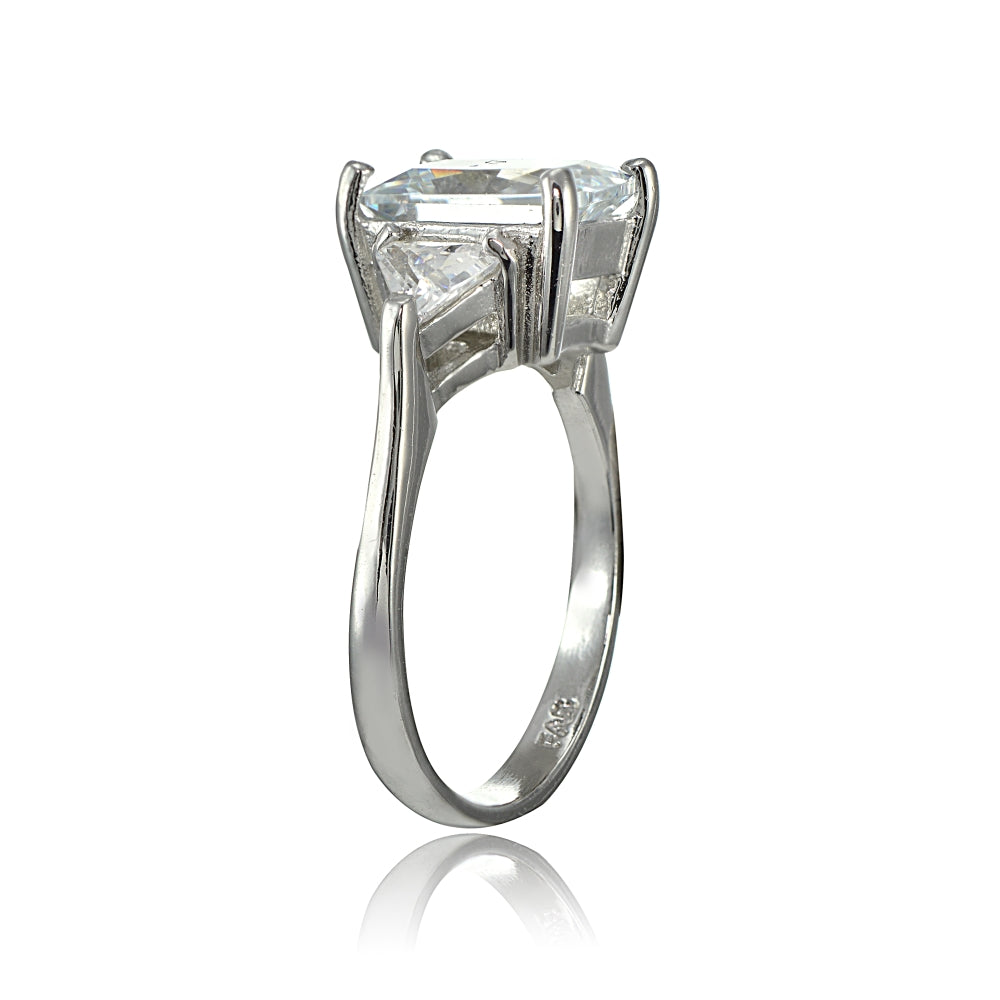 Sterling Silver Three Stone CZ Trillion Emerald-Cut Engagement Ring,-2