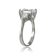 Sterling Silver Three Stone CZ Trillion Emerald-Cut Engagement Ring,