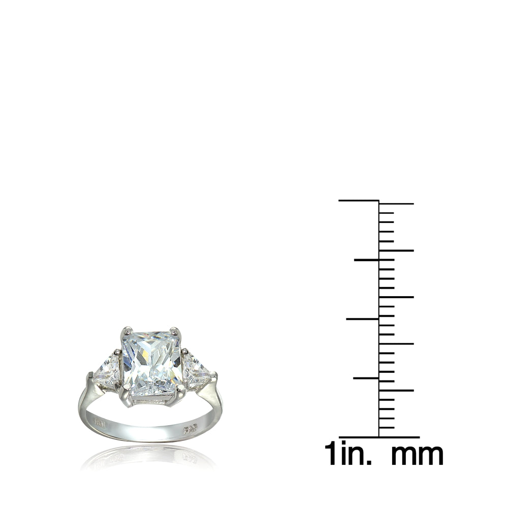 Sterling Silver Three Stone CZ Trillion Emerald-Cut Engagement Ring,-3