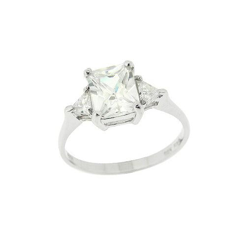 Sterling Silver Three Stone CZ Trillion Emerald-Cut Engagement Ring, Size 7
