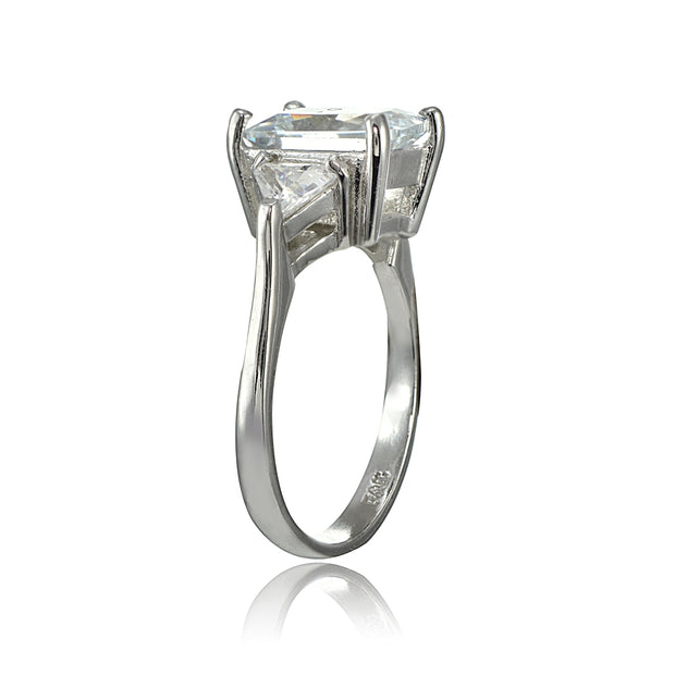 Sterling Silver Three Stone CZ Trillion Emerald-Cut Engagement Ring, Size 7