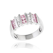 Sterling Silver Pink CZ Baguettes & Round Clear CZ Striped Ring