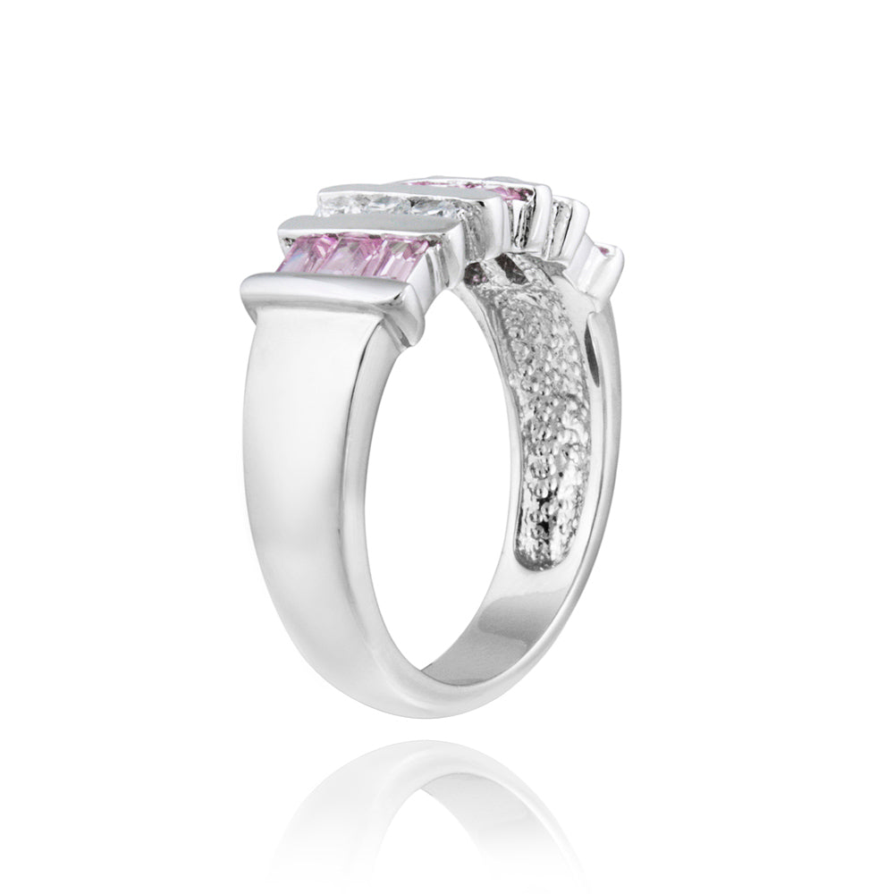 Sterling Silver Pink CZ Baguettes & Round Clear CZ Striped Ring-2