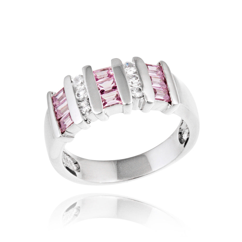 Sterling Silver 3/ct Pink & Clear CZ Baguette & Round Striped Ring