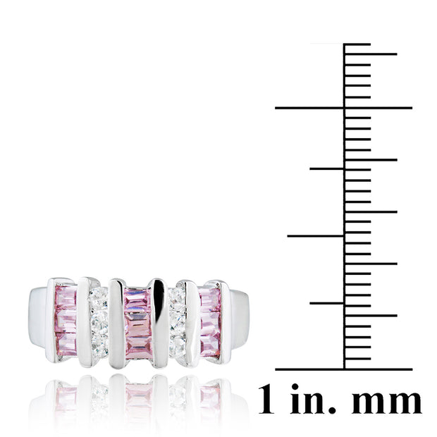 Sterling Silver 3/ct Pink & Clear CZ Baguette & Round Striped Ring