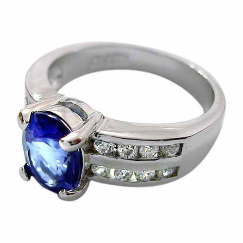 Sterling Silver Oval Tanzanite & Clear Double Row CZ Ring,