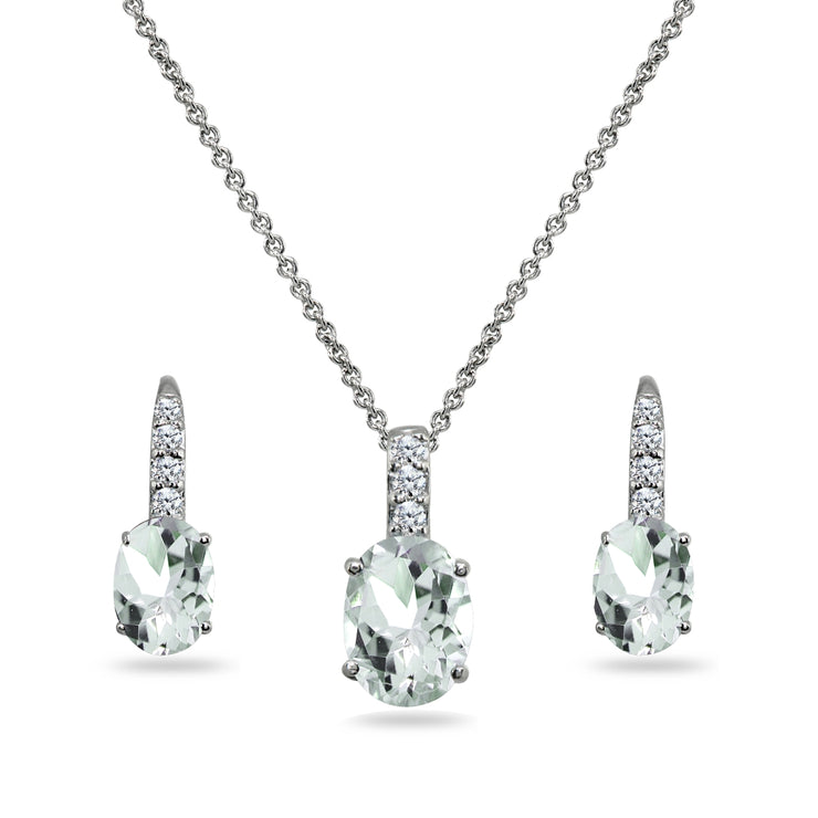 Sterling Silver Light Aquamarine Oval-Cut Pendant Necklace & Leverback Huggie Earrings Set with CZ Accents