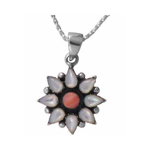 Sterling Silver Genuine Mother of Pearl and Pink Coral Flower Pendant