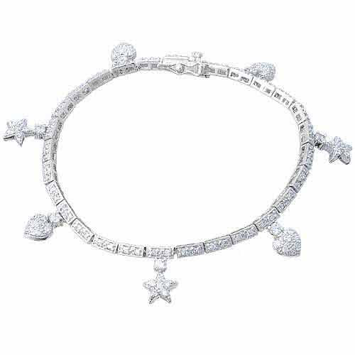 Sterling Silver CZ Dangling Heart & Stars Bracelet-2