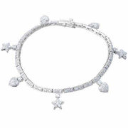 Sterling Silver CZ Dangling Heart & Stars Bracelet