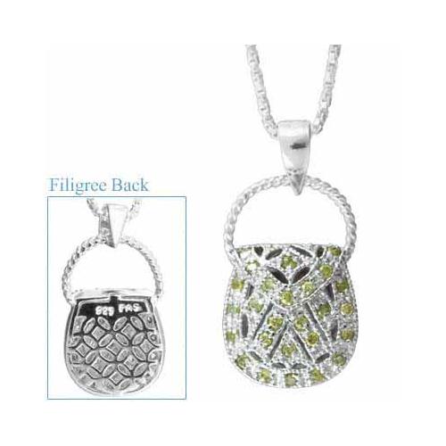 Sterling Silver Filigree Olive Color Cubic Zirconia Purse Pendant